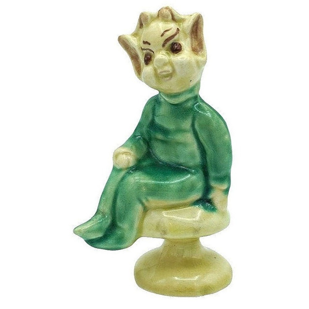 Vintage Pixie Figurine Elf on Mushroom Green Cream Small Ceramic Whimsical Decor